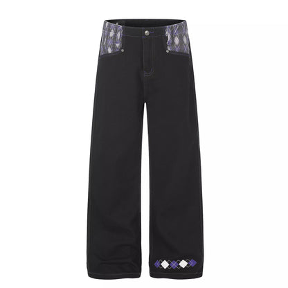 Men's High-Waisted Wide-Leg Jeans with Argyle Pattern Accents - Black - View 1