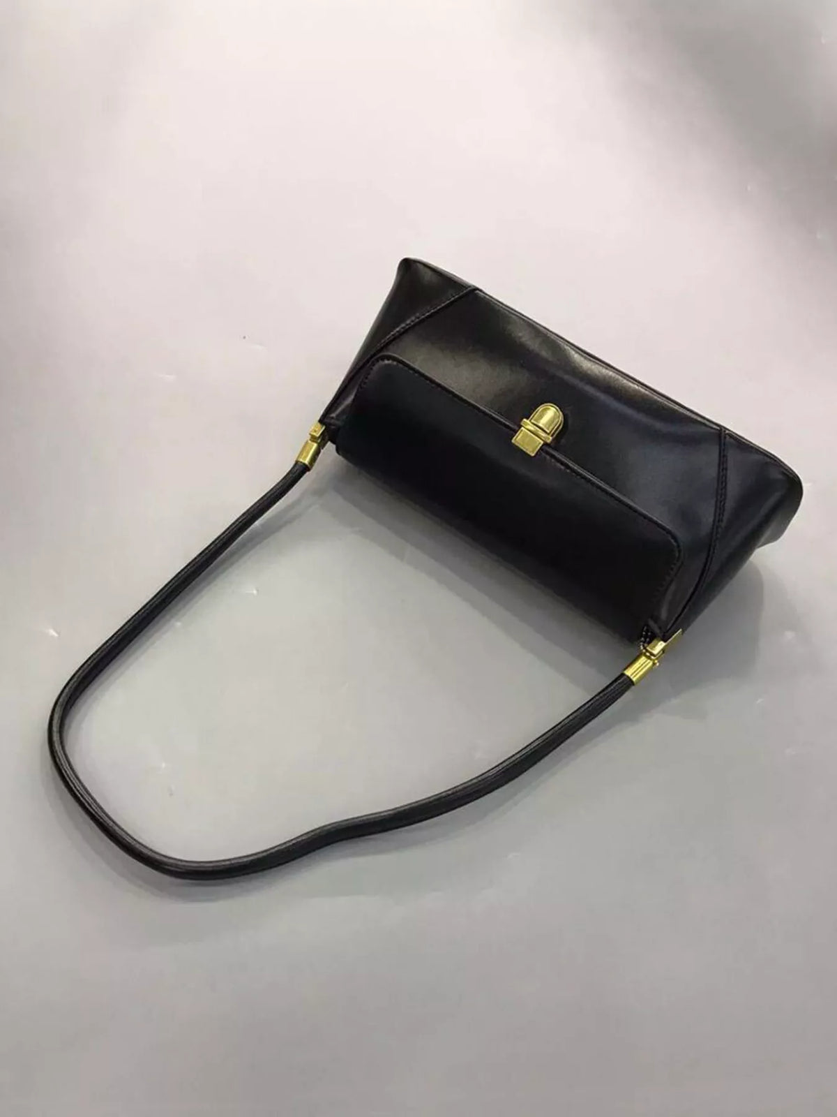 Leather Shoulder Bag with Golden Clasp - Black - View 1