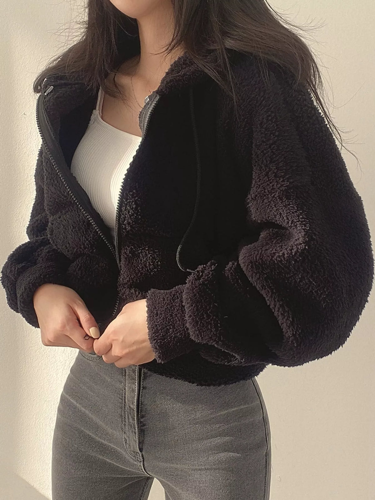 Oversized Sherpa Zip-Up Hoodie - Black - View 15