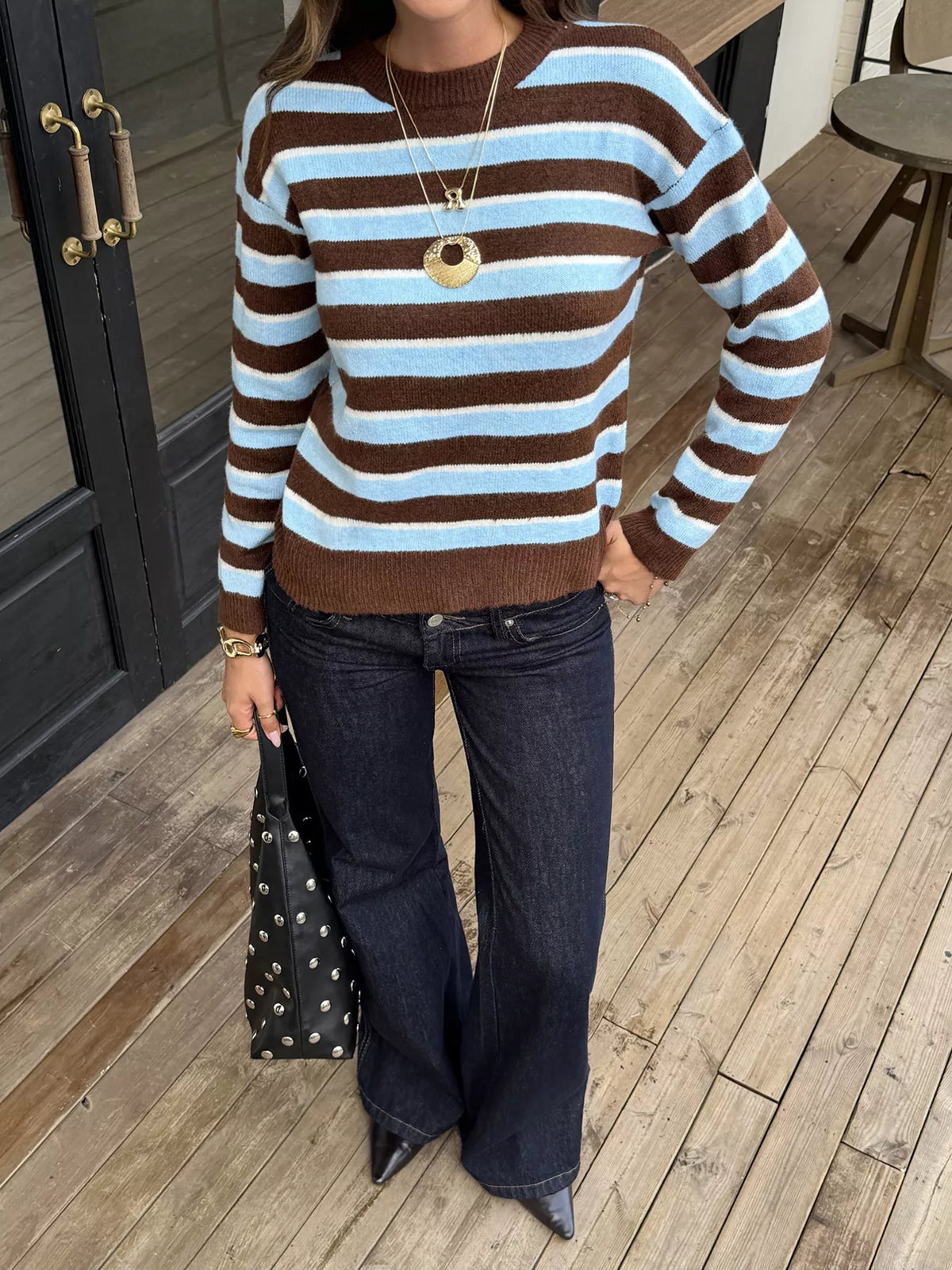 Striped Crew Neck Knit Sweater - Stripe - View 5