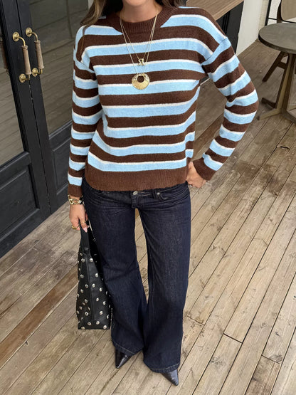 Striped Crew Neck Knit Sweater - Stripe - View 5