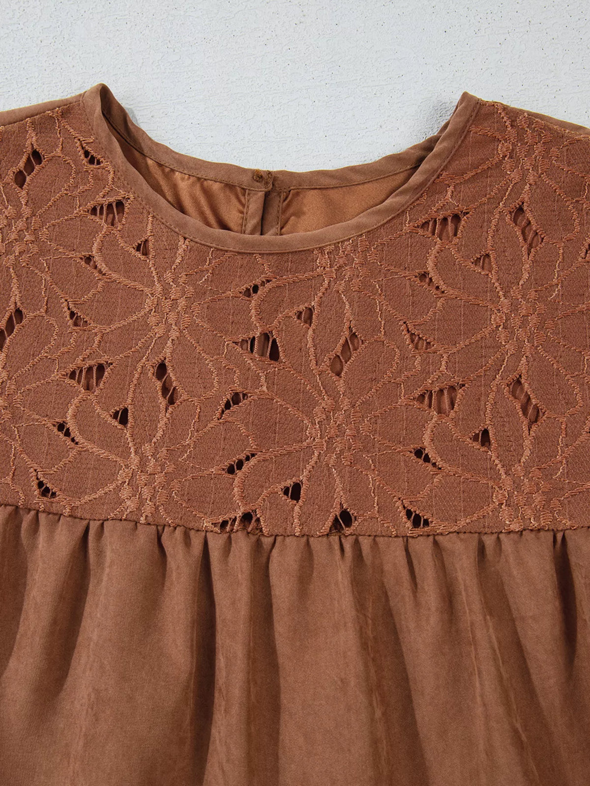 Floral Lace Crochet Tiered Ruffled Mini Dress - Caramel - View 3
