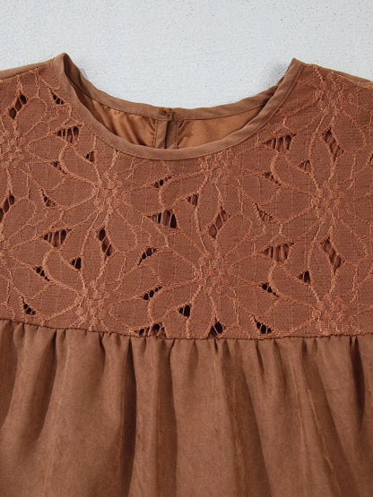Floral Lace Crochet Tiered Ruffled Mini Dress - Caramel - View 3