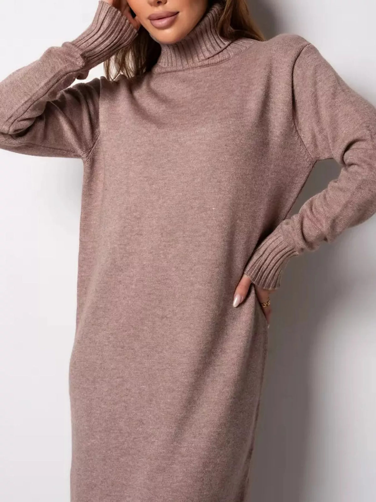 Turtleneck Ribbed Knit Sweater Dress - Camel - View 14