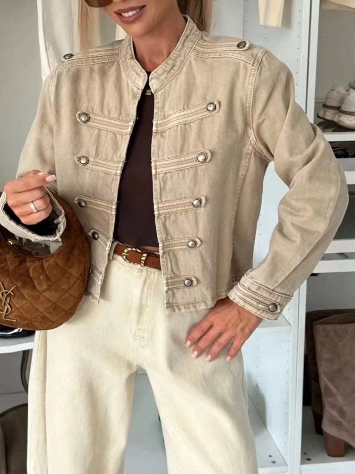 Decorative Button Cropped Denim Jacket - Khaki Color - View 1