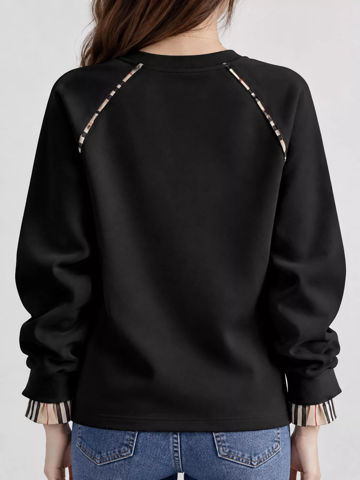 Plaid-Trimmed Crew Neck Sweatshirt - Black-Plain - View 16