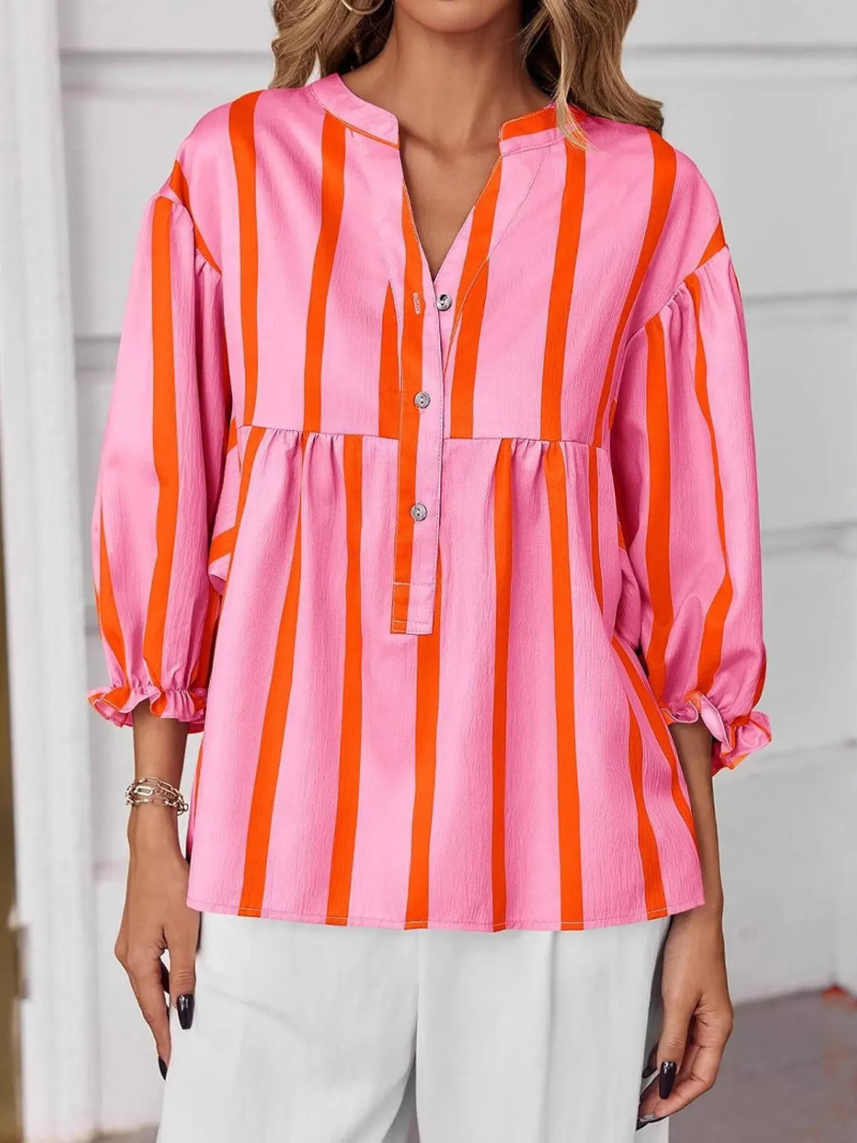Striped Button Front Notched Blouse - Pink - View 14