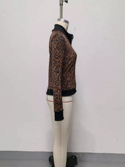 Leopard Print Knit Zip-Up Outerwear - Dark Brown - View 6