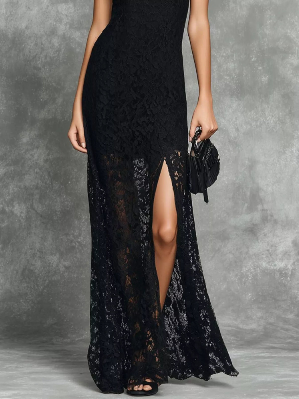 Slit Lace Sleeveless Maxi Dress - Black - View 3