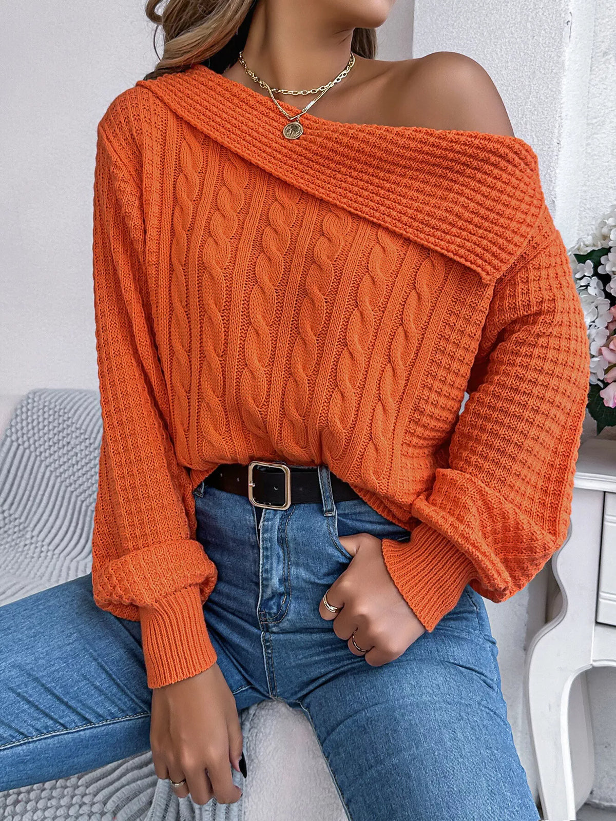 One Shoulder Cable Knit Sweater - Orange - View 1