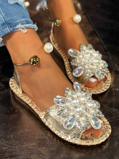 Pearl Embellished Flat Sandals - Gold - View 5
