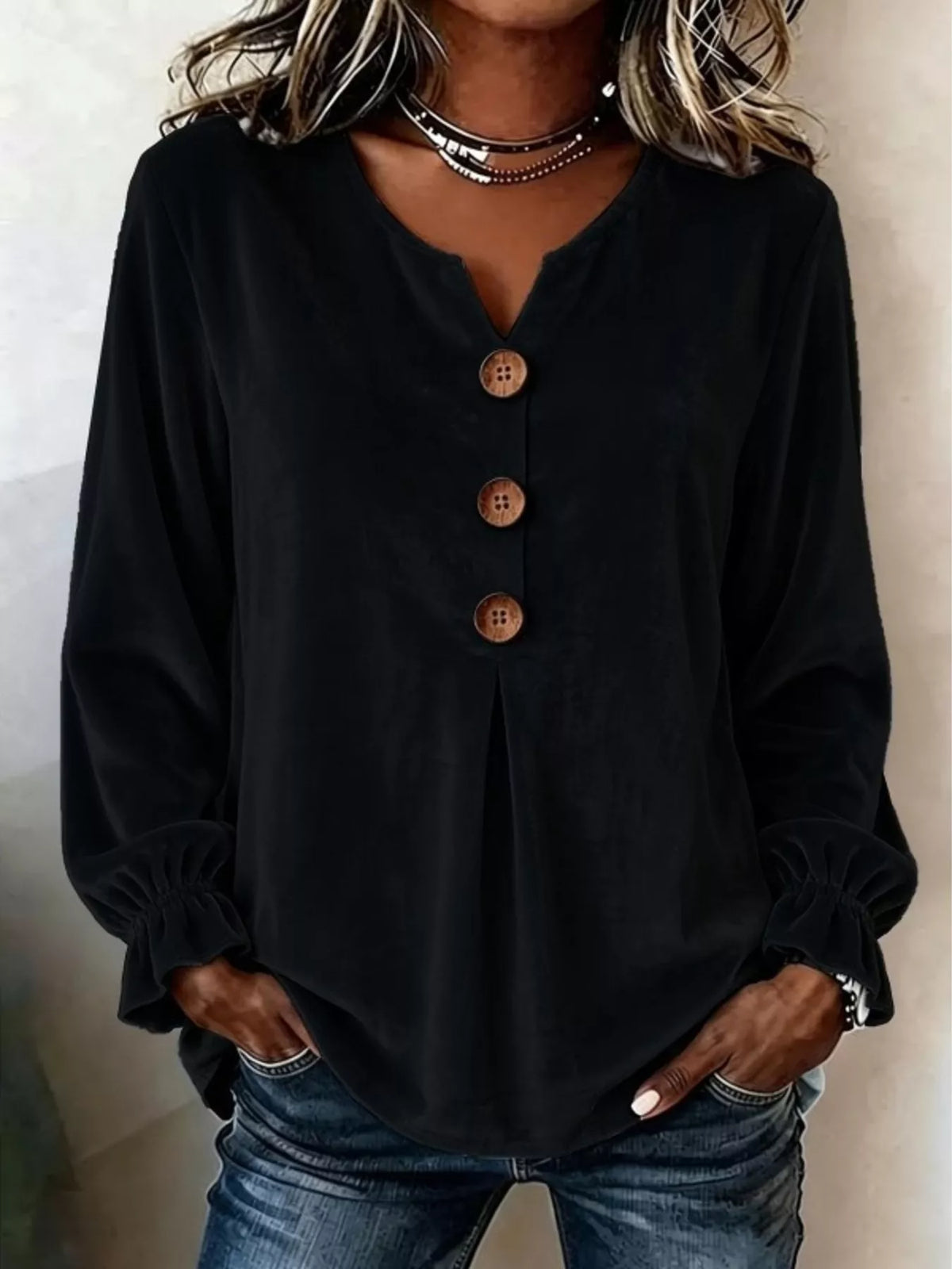 Velvet Flounce Sleeve Blouse - Black - View 1