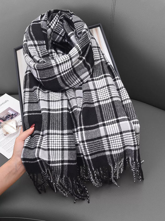 Plaid Tassel Hem Winter Scarf - Black And White - View 2