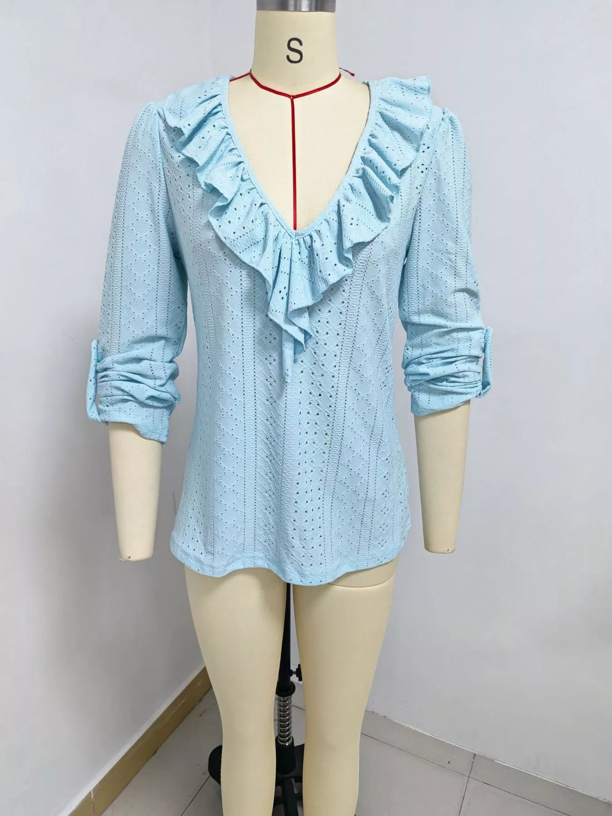 Eyelet Ruffle V-Neck Blouse - Light Blue - View 3