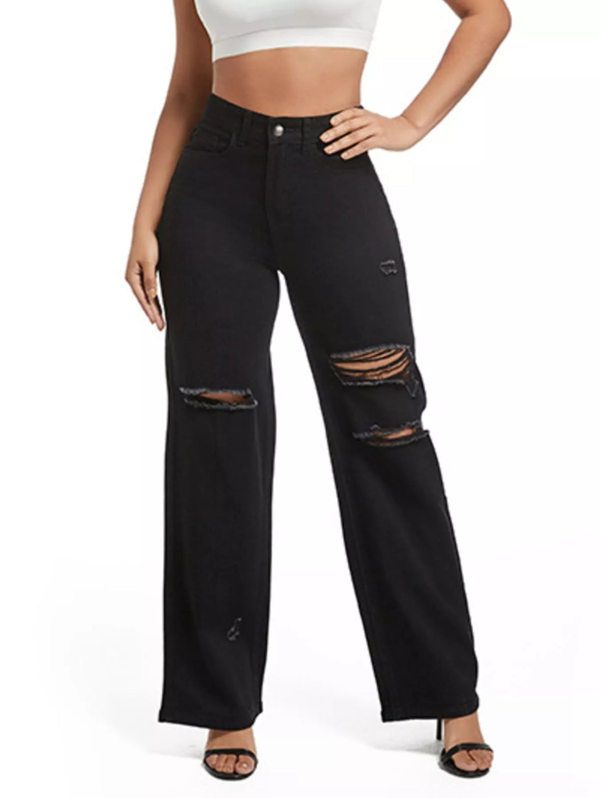 Distressed Wide-Leg Jeans - Black - View 1