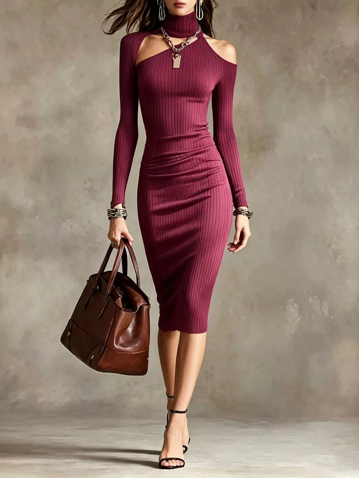 Cold-Shoulder Turtleneck Ribbed Knit Dress - Burgundy - View 8