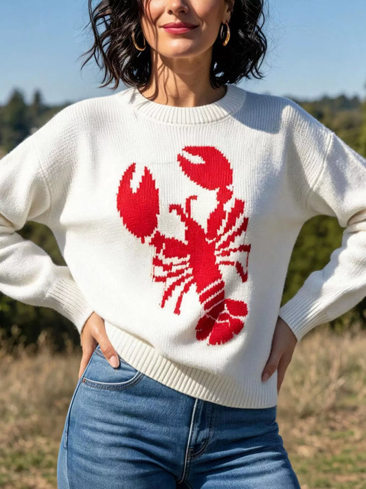 Lobster Graphic Crew Neck Sweater - Ivory - View 1