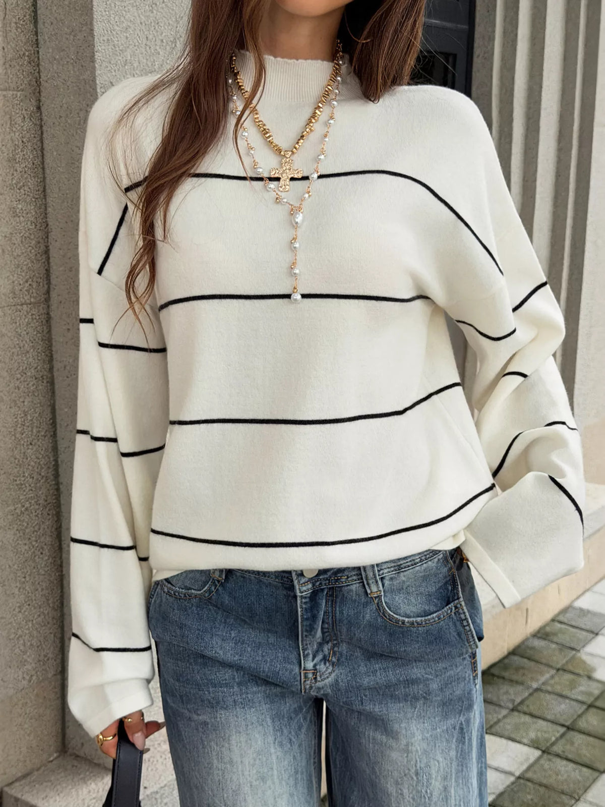 Striped Mock Neck Sweater - Black And White Stripes - View 1