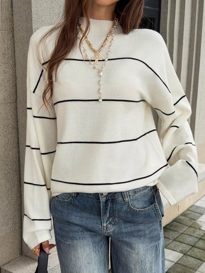 Striped Mock Neck Sweater - Black And White Stripes - View 1