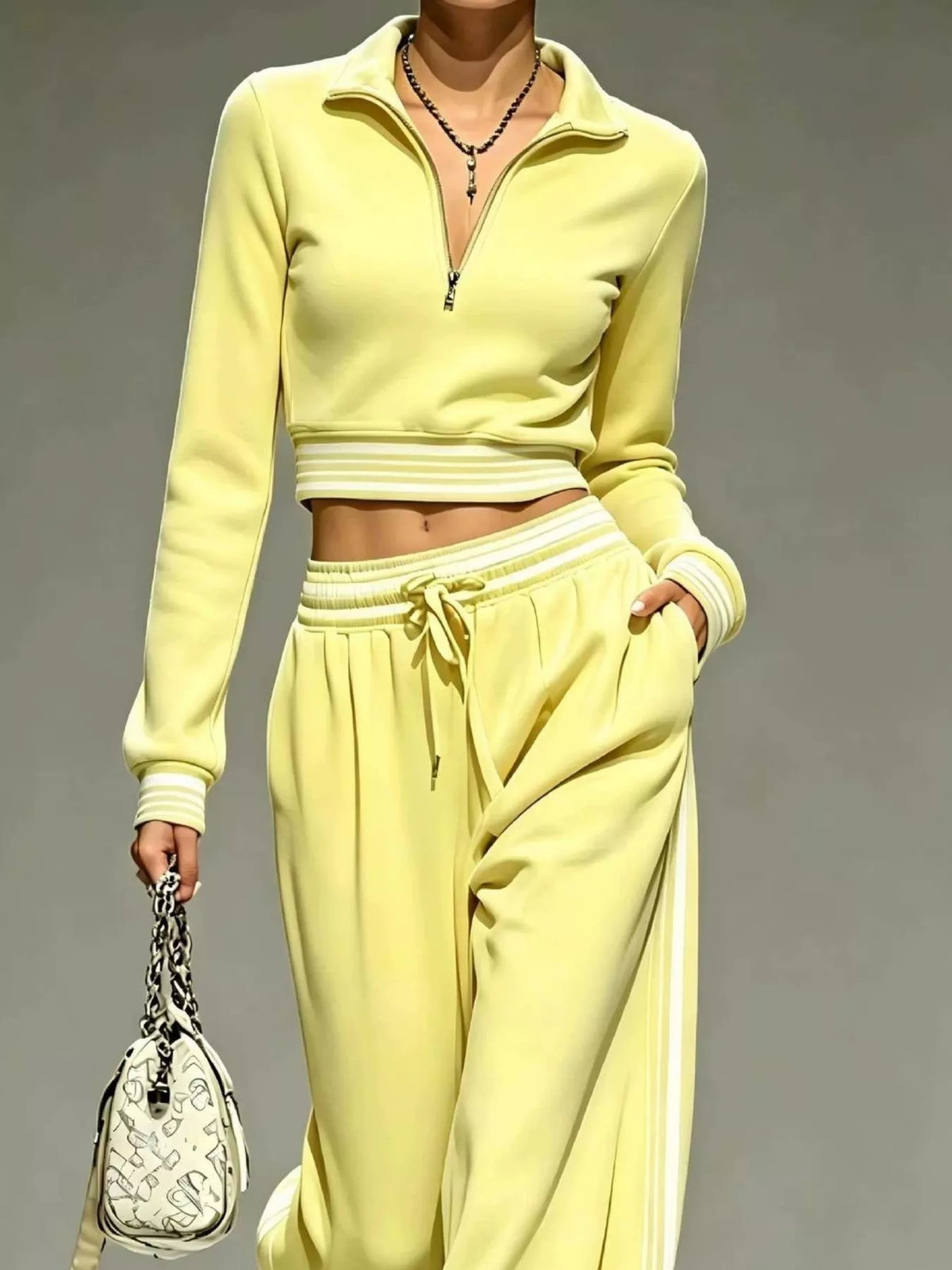 Full Size Half Zip Cropped Top and Pants Set Plus Size - Yellow - View 2