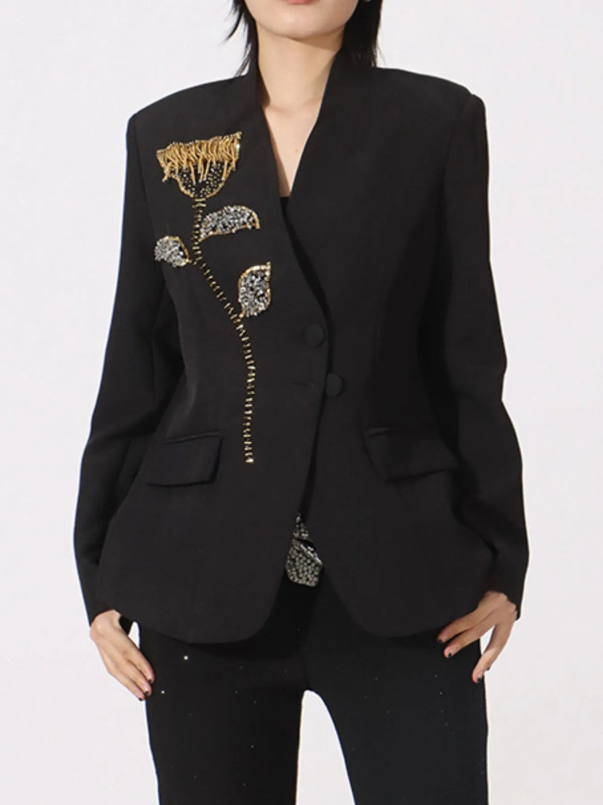Flower Button Front Long Sleeve Blazer - Black - View 4