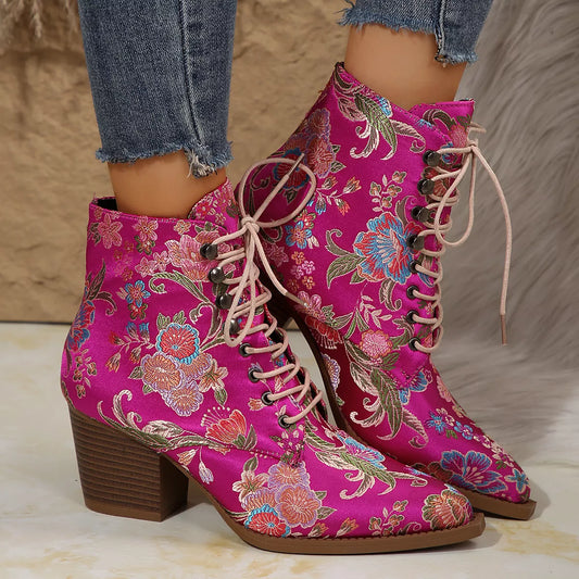 Point Toe Block Heels Boots - Rose Red - View 1