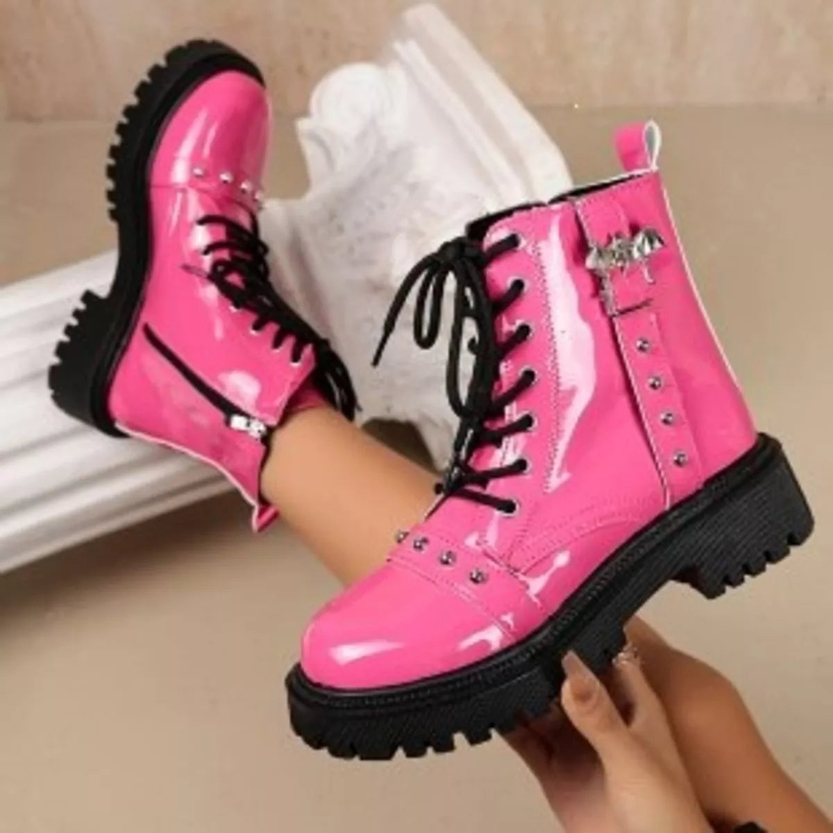 Round Toe Lace Up Boots - Fuchsia Pink - View 3