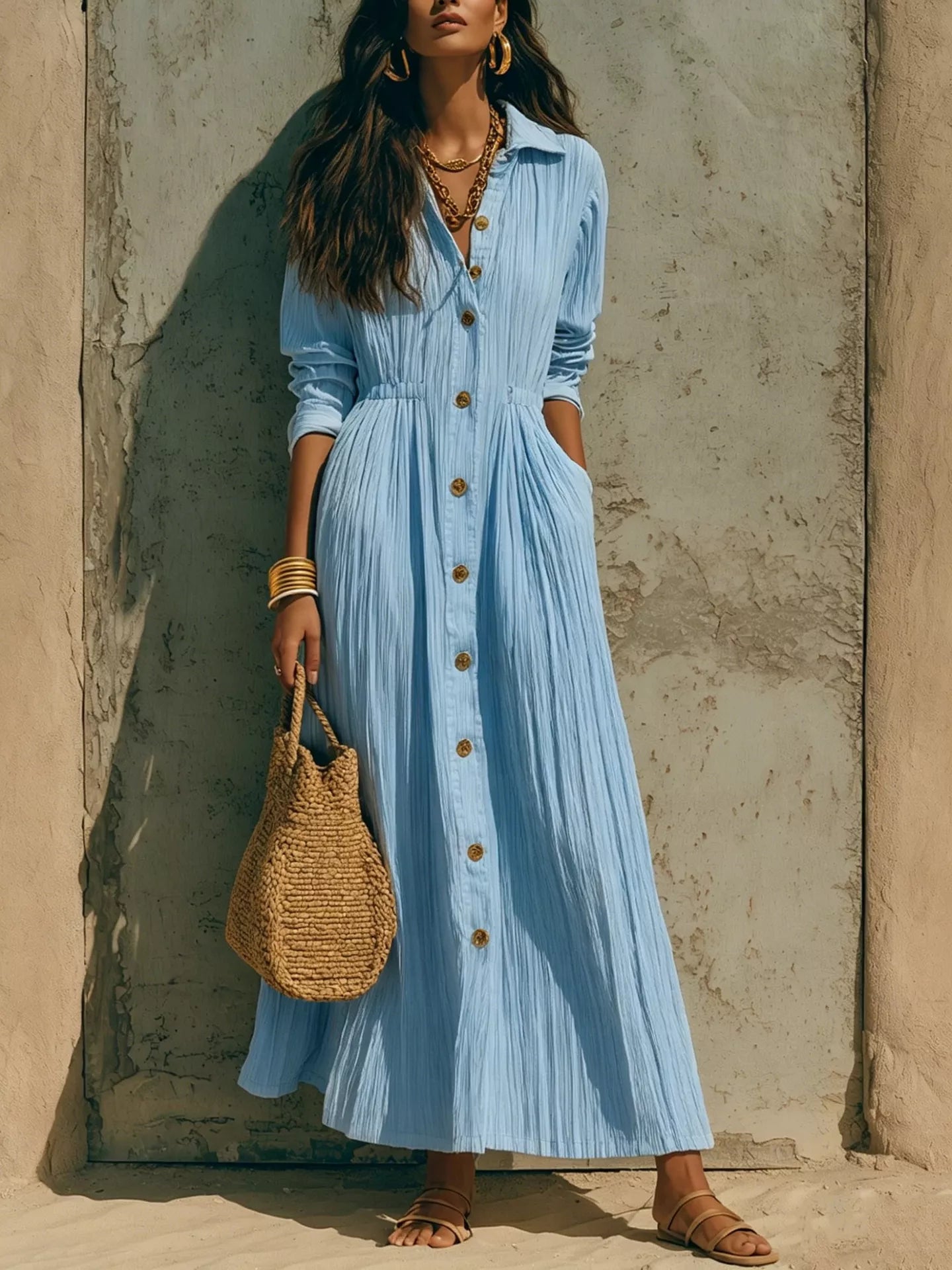 Full Size Textured Button Down Long Sleeve Maxi Dress Plus Size - Sky Blue - Styled Front View