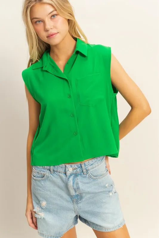 HYFVE Buttoned Front Sleeveless Collar Shirt - KELLY GREEN - View 1