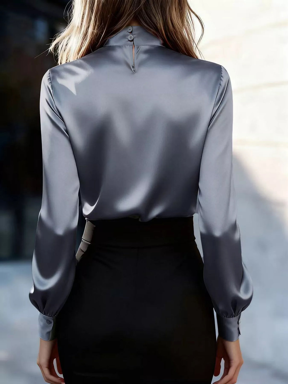 Satin Bow Tie Long Sleeve Blouse - Gray - View 9