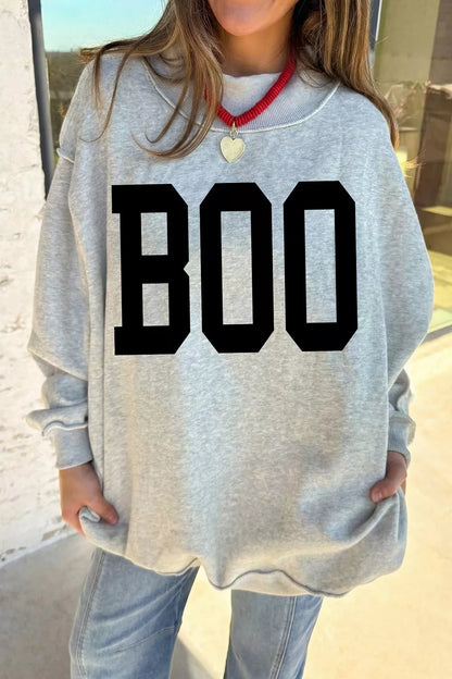 Halloween BOO & Bat Printed Reversible Mock Neck Sweatshirt - Light Gray - View 2