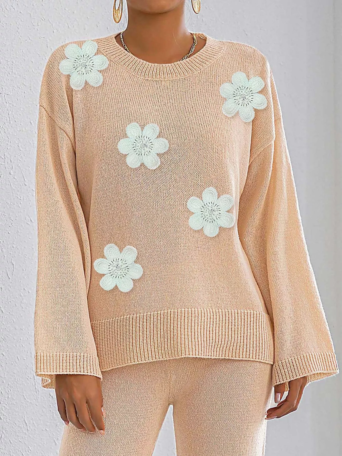 Floral Applique Crew Neck Sweater - Khaki - View 1
