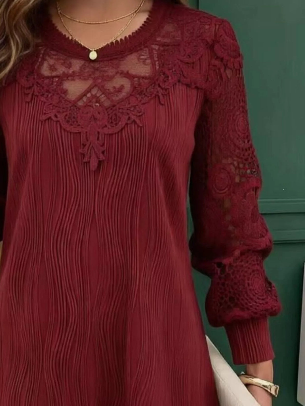 Lace Patchwork Long Sleeve Blouse - Burgundy - View 3
