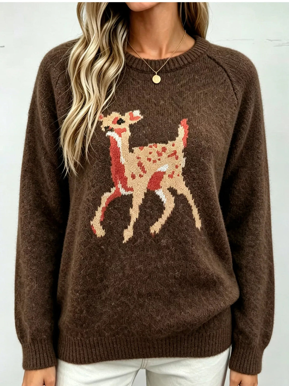 Deer Pattern Raglan Sleeve Sweater - Brown - View 4