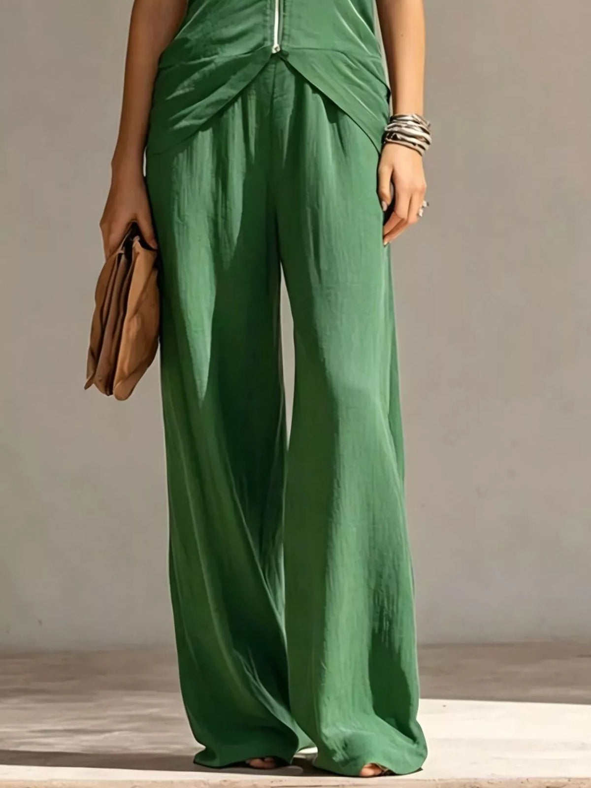 Full Size Zipper Front Tank and Wide-Leg Pants Set Plus Size - Green - View 3