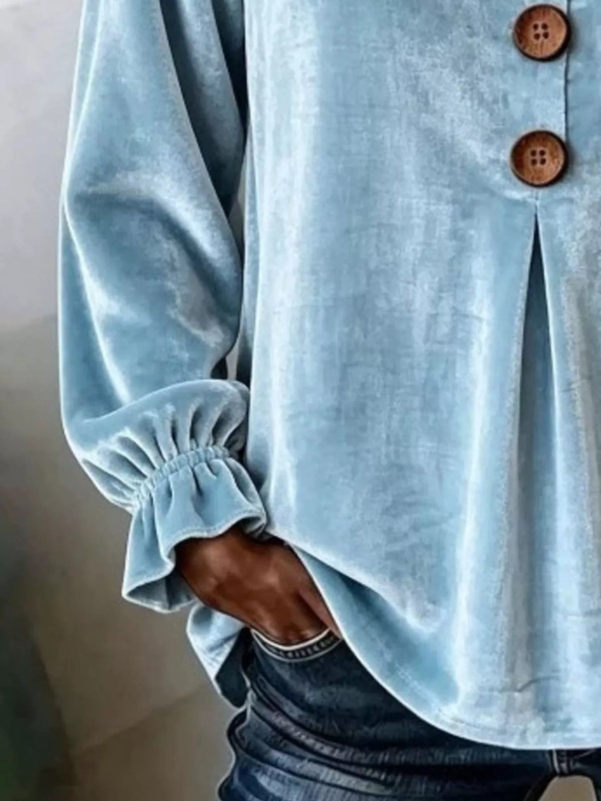 Velvet Flounce Sleeve Blouse - Sky Blue - View 2