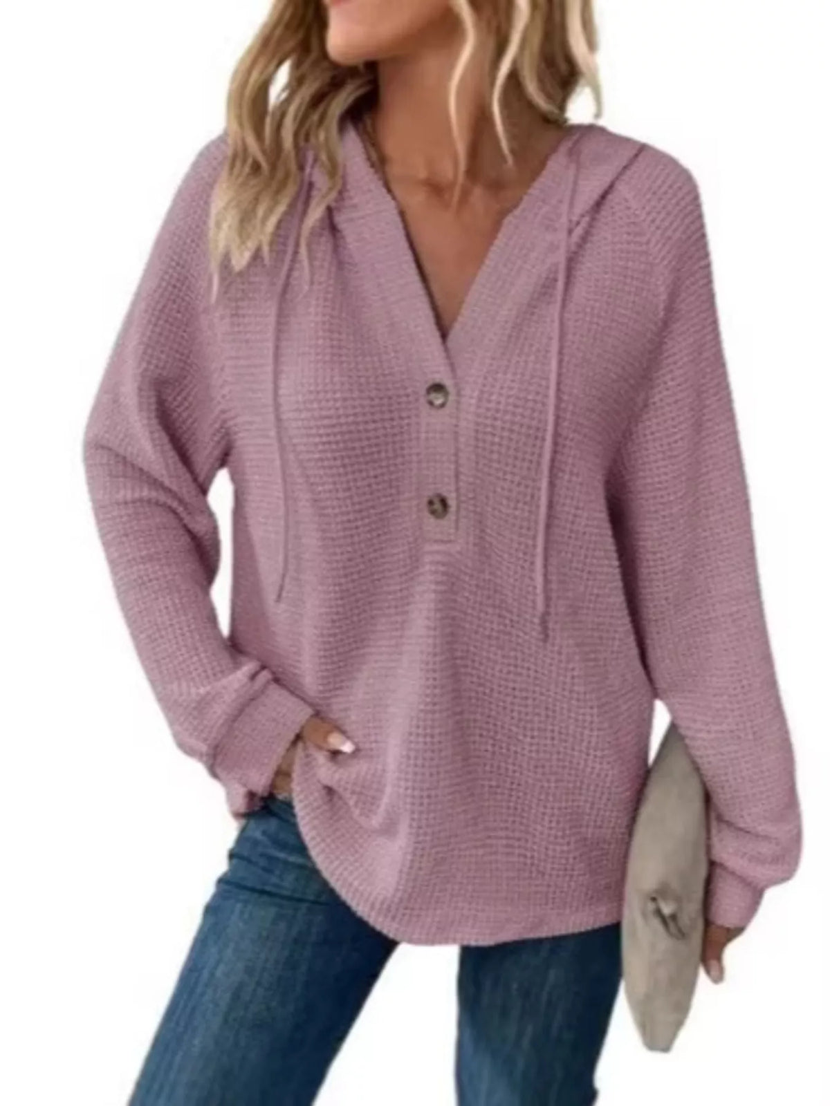 Full Size Waffle Knit Half-Button Hoodie Plus Size - Purple Red - View 16