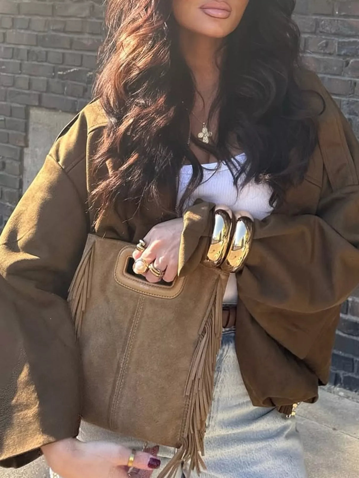 Elastic Hem Batwing Sleeve Jacket - Coffee Brown - View 5