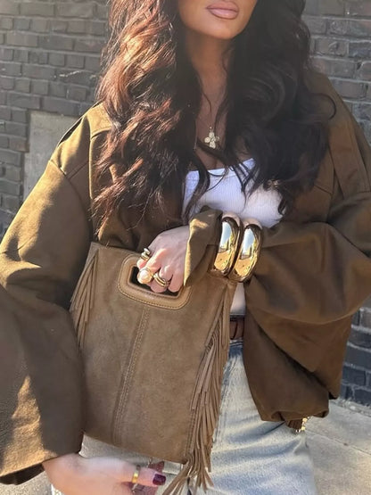 Elastic Hem Batwing Sleeve Jacket - Coffee Brown - View 5
