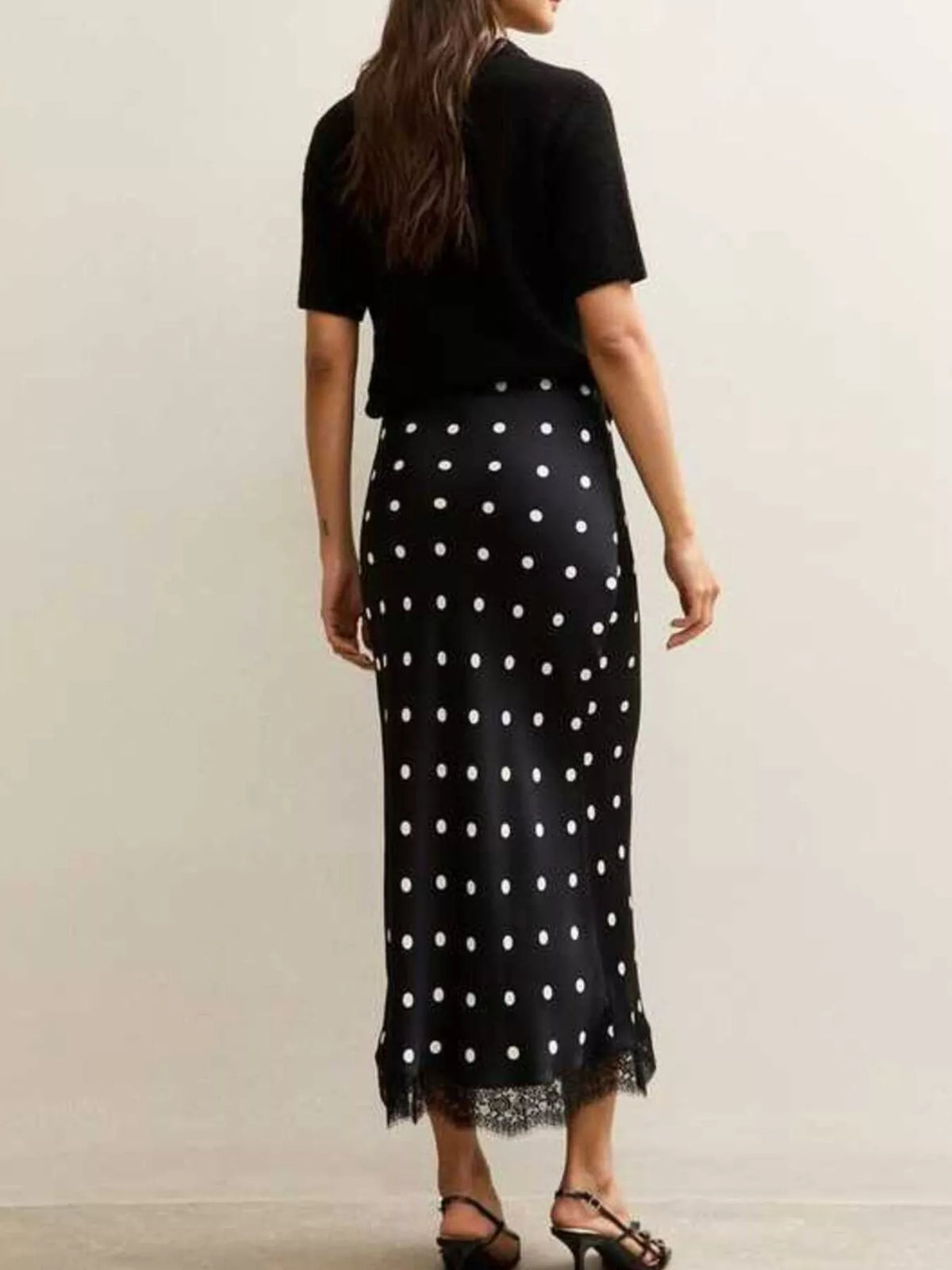 Polka Dot Midi Skirt with Lace Trim - Black - View 8