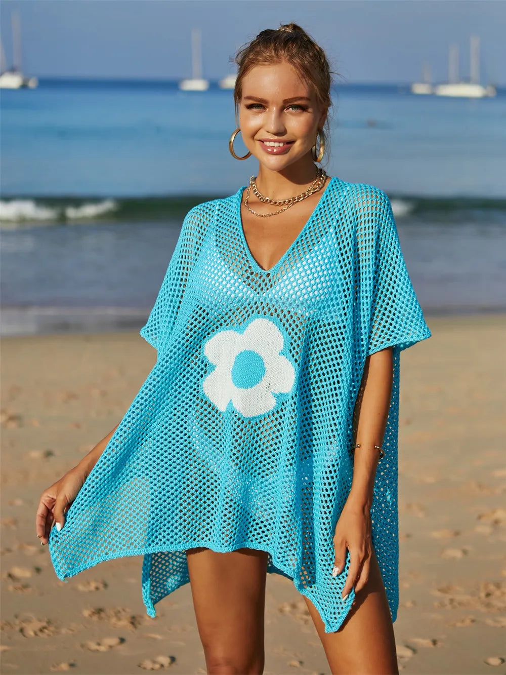 Angel Wings Openwork Flower V-Neck Short Sleeve Cover Up - Sky Blue - View 22