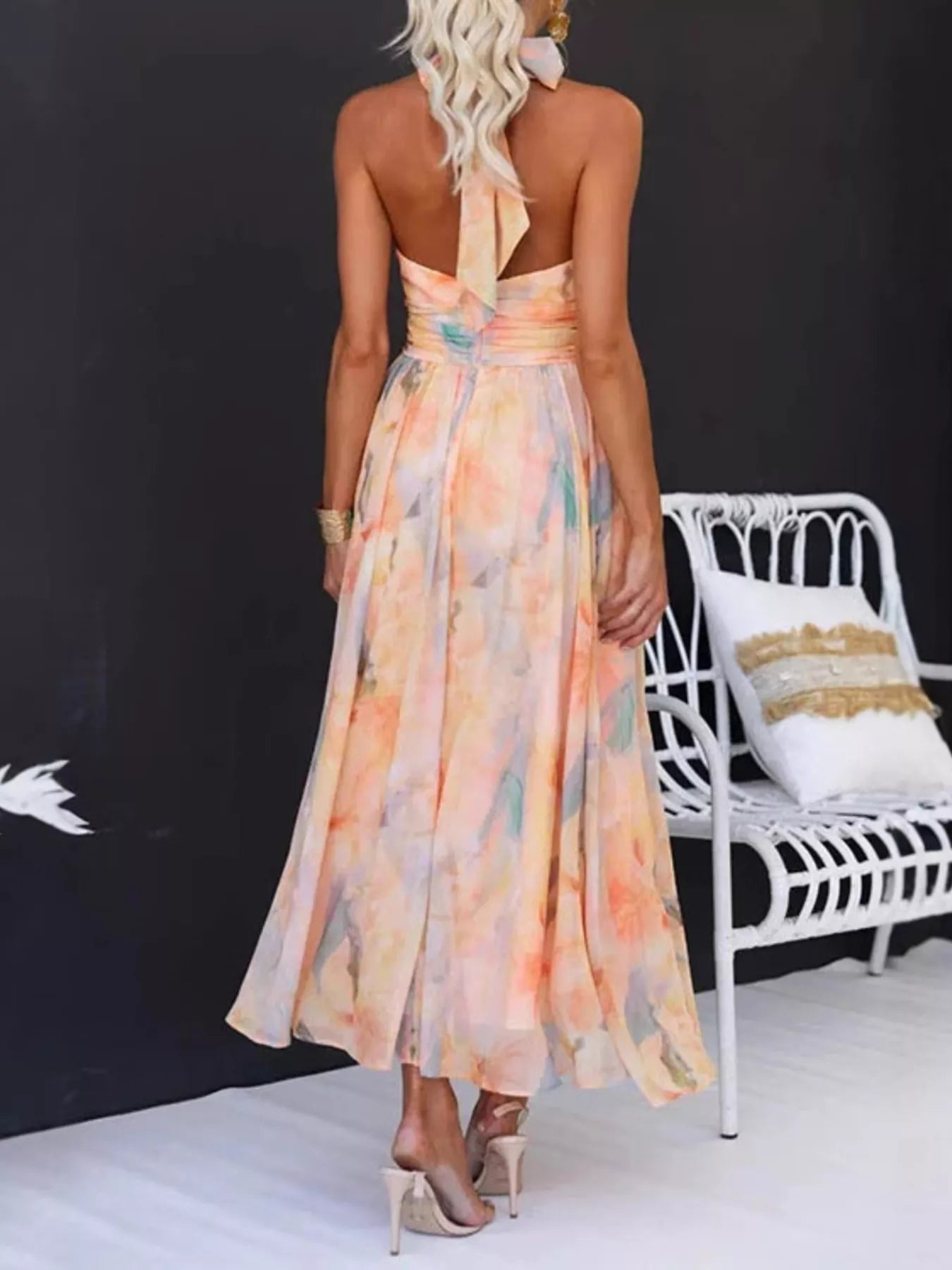 Full Size Halter Neck Floral Print Maxi Dress Plus Size - Sherbet - Rear View