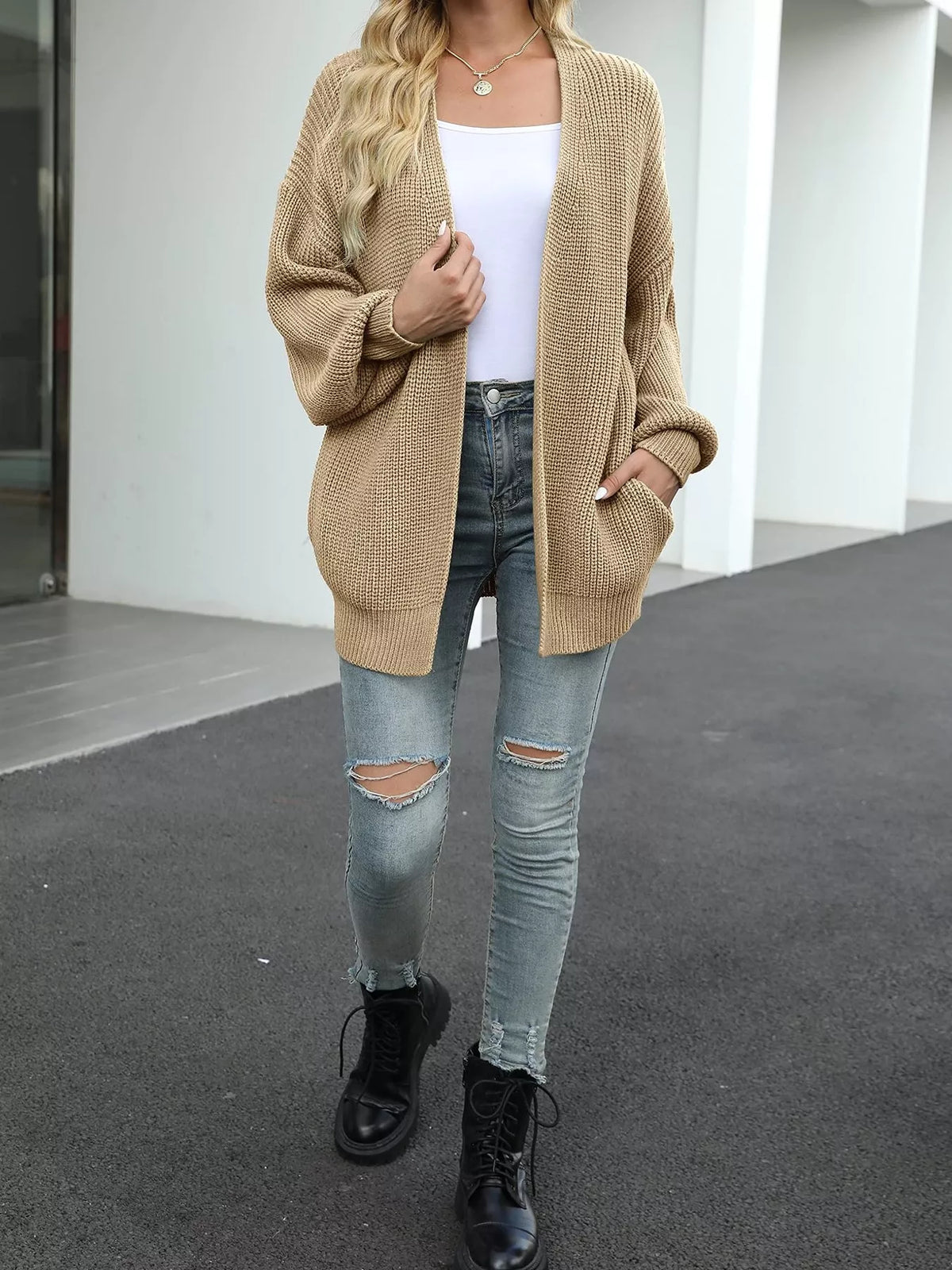 Chunky Knit Open Front Cardigan with Lantern Sleeves - Khaki - View 15