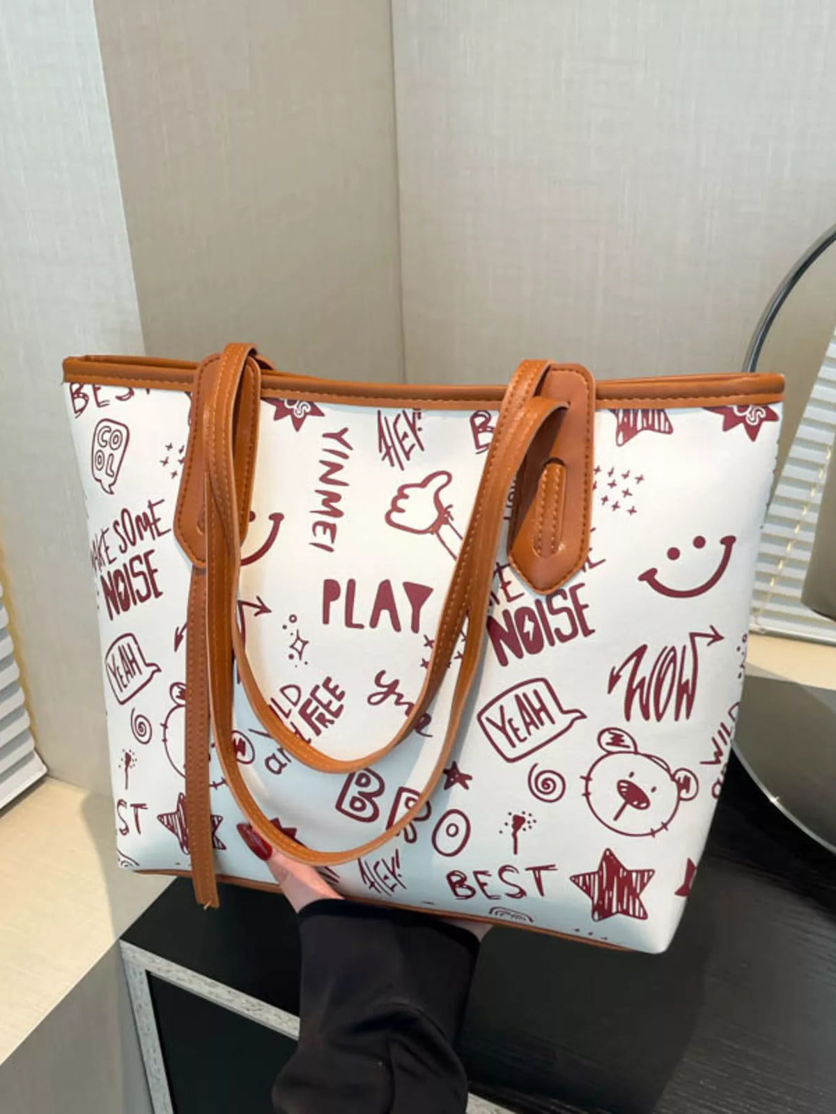 Graffiti Print Casual Tote Bag - Brown - View 18