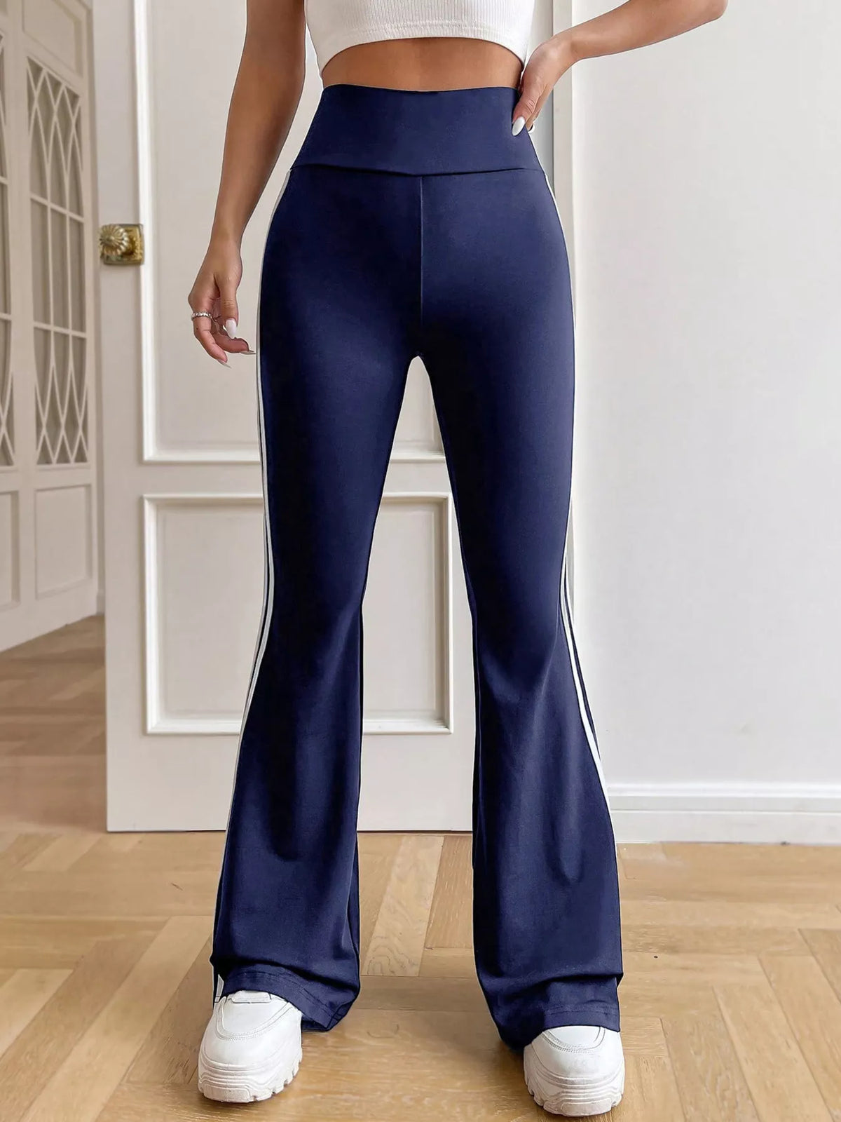 High-Waisted Side-Striped Flare Active Pants - Blue and White Strips - View 1