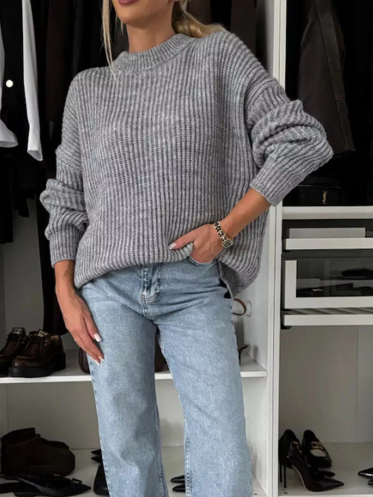 Ribbed Knit Crew Neck Sweater - Gray - View 2