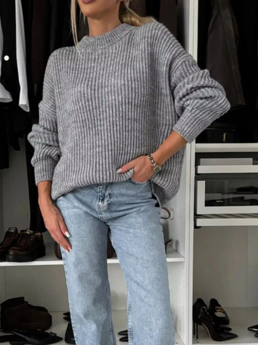 Ribbed Knit Crew Neck Sweater - Gray - View 2