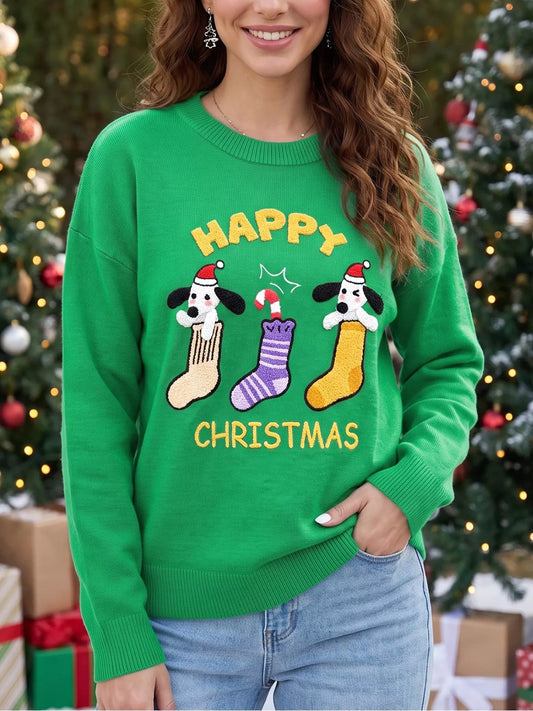 Abstract Patch Embroidery Christmas Pullover Sweater - Green - View 1