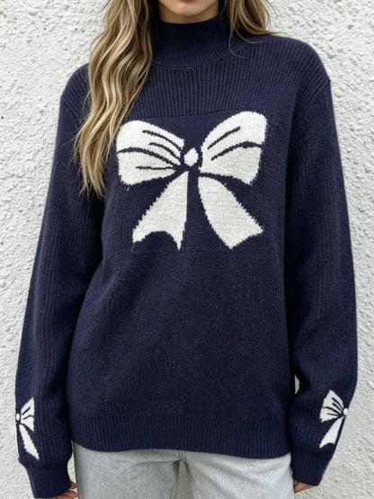 Bowknot Pattern Mock Neck Sweater - Blue - View 3
