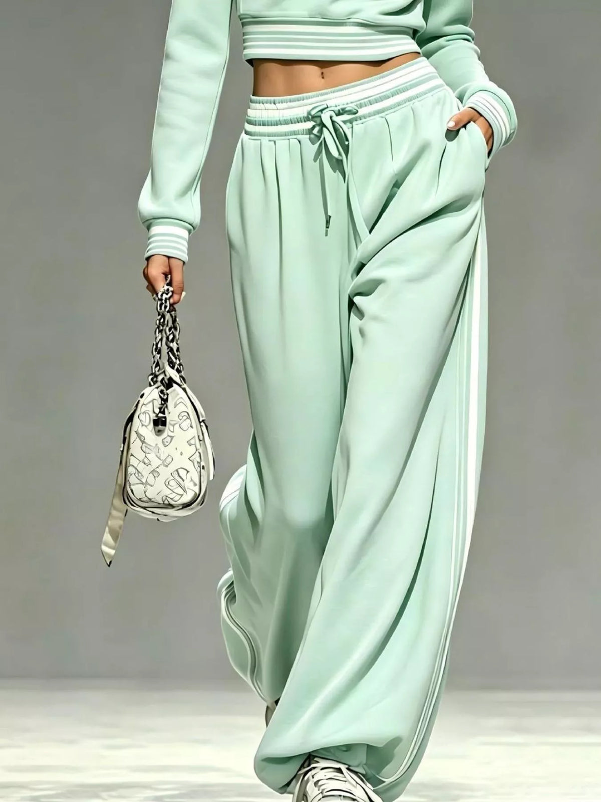 Full Size Half Zip Cropped Top and Pants Set Plus Size - Gum Leaf - View 3